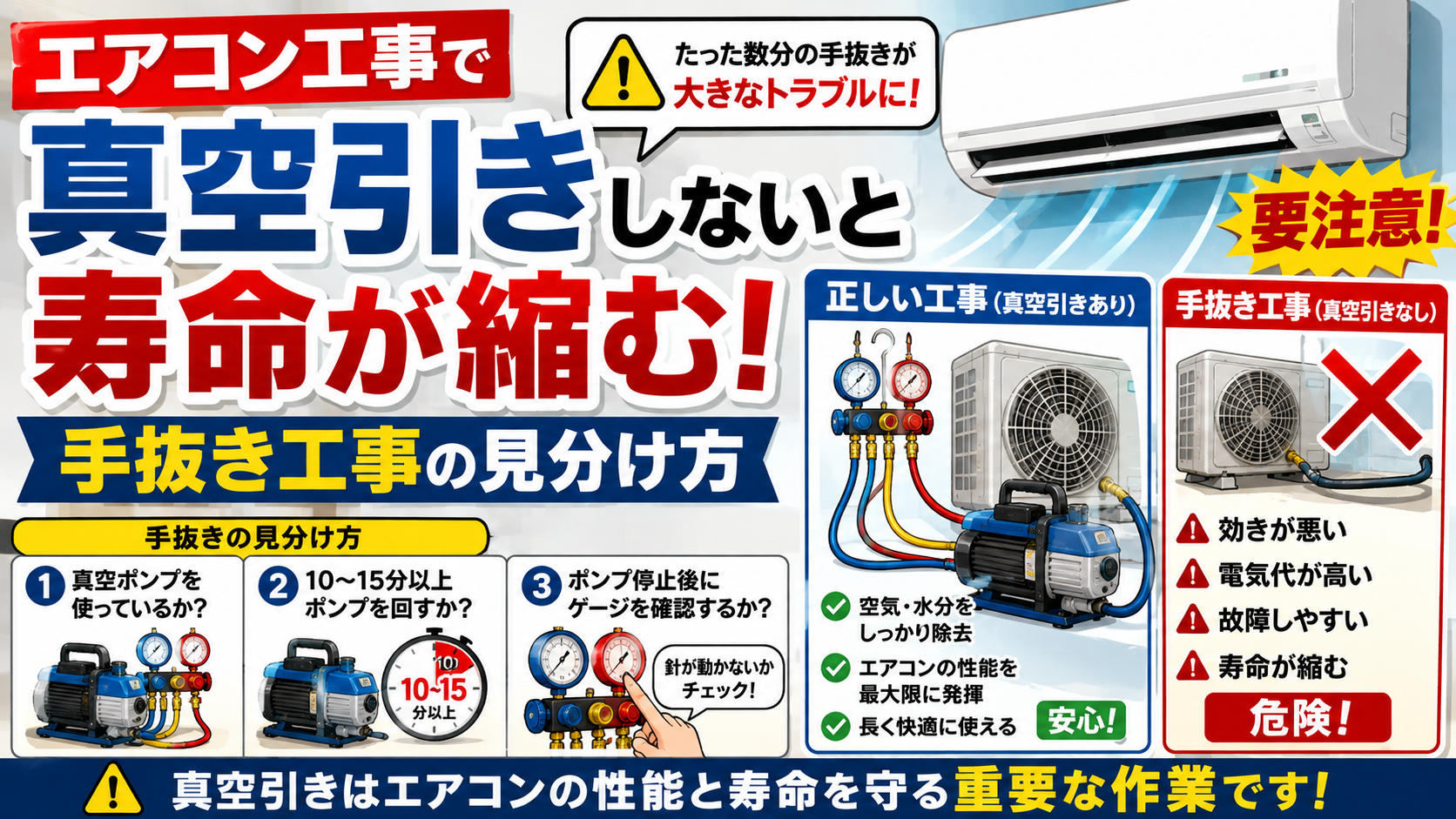 エアコン工事で真空引きしないと寿命が縮む!手抜き工事の見分け方
