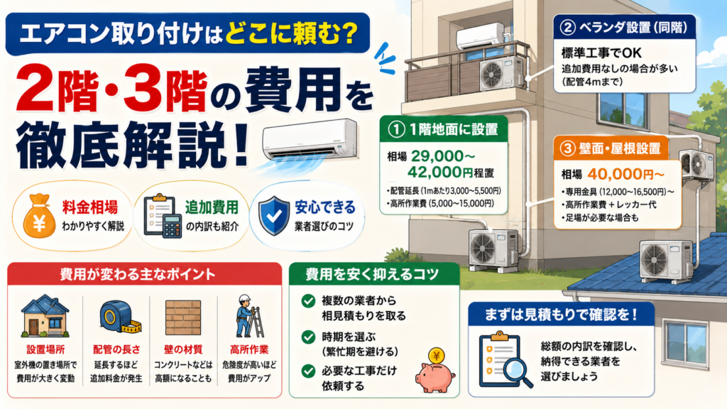 2階のエアコン取り付け費用は室外機で決まる！場所別の相場を解説