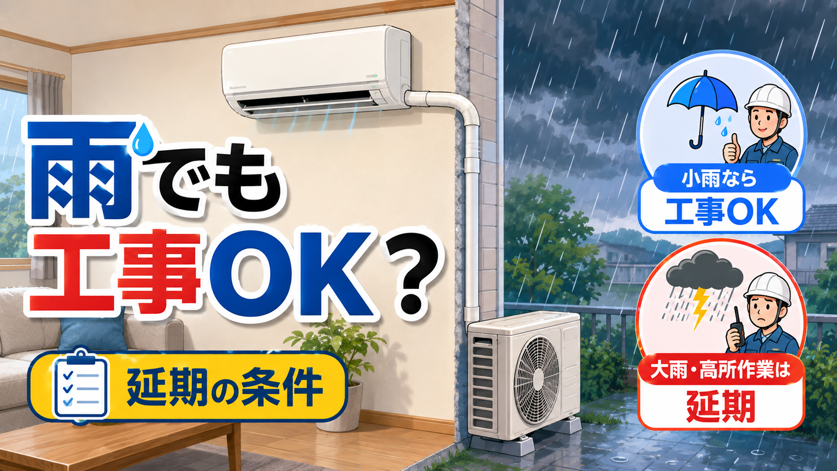 エアコン取り付け｜雨の日でもできる？延期になる条件と注意点