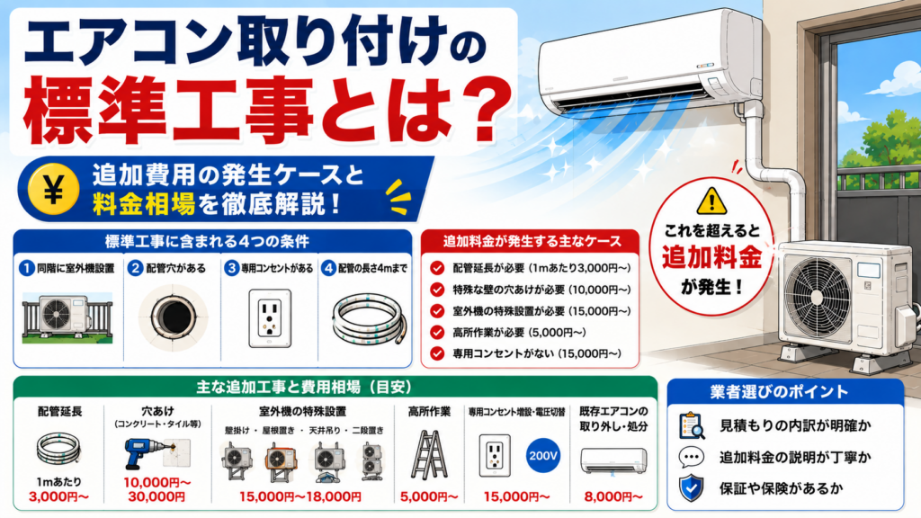 エアコン取り付けの標準工事とは？損しないための追加費用チェック