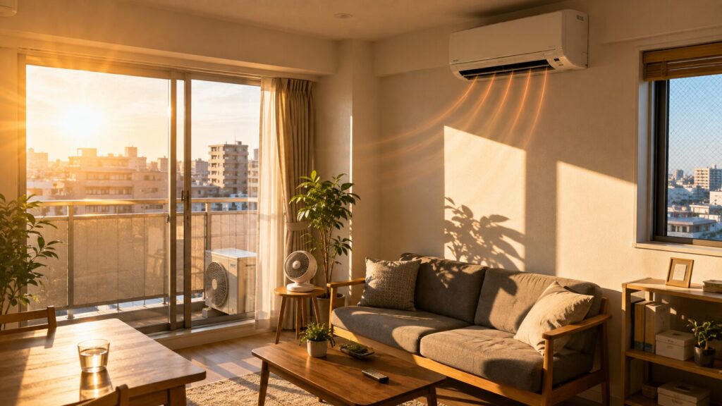西日が強く差し込み、エアコンが効きにくいマンション最上階角部屋の室内