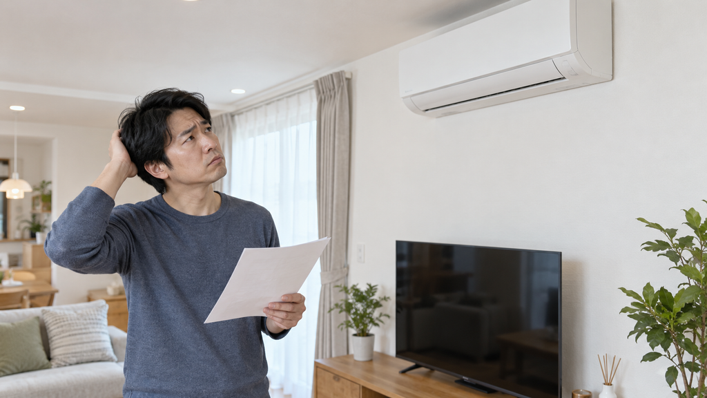 隠蔽配管のエアコン取り付けを断られ、リビングでエアコンを見上げて困惑する様子
