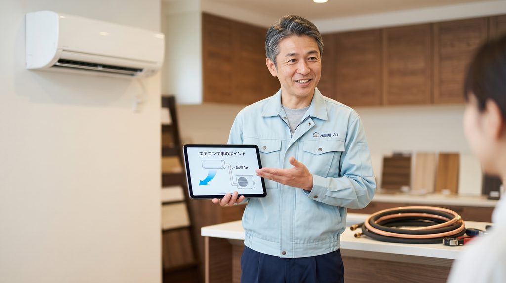 エアコンの取り付け工事についてタブレットを使って笑顔で説明する、信頼できる日本の元現場プロの男性。