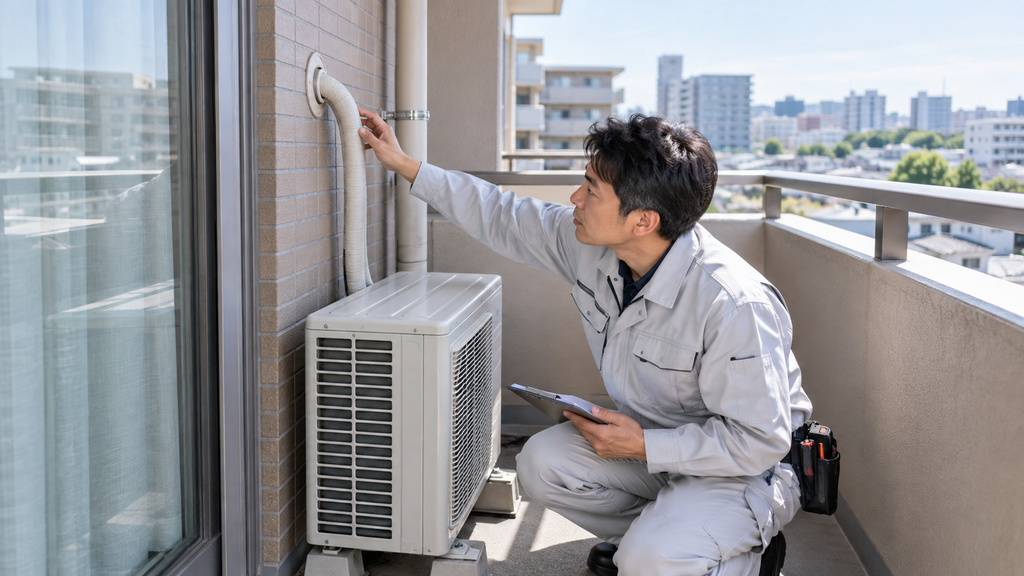 マンションの外壁配管スリーブとベランダのエアコン設置状況を点検する専門業者