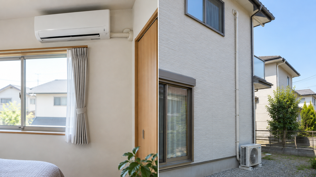 2階の部屋から1階の地面まで、壁に沿って長く延長されたエアコンの配管（立ちおろし工事）。