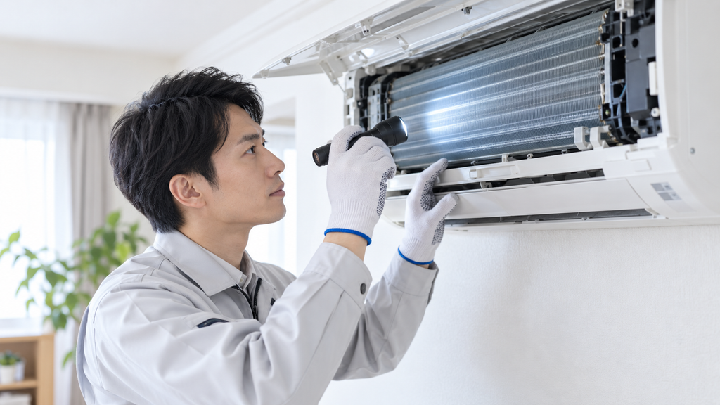 エアコンの内部構造（熱交換器）をライトを使って入念に点検する日本人技術者。メーカー保証（製品品質）を想起させるイメージ。