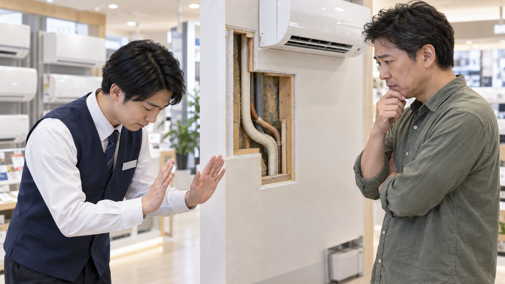 壁の中のリスクを理由に、家電量販店でエアコンの取り付け工事を断る店員の様子