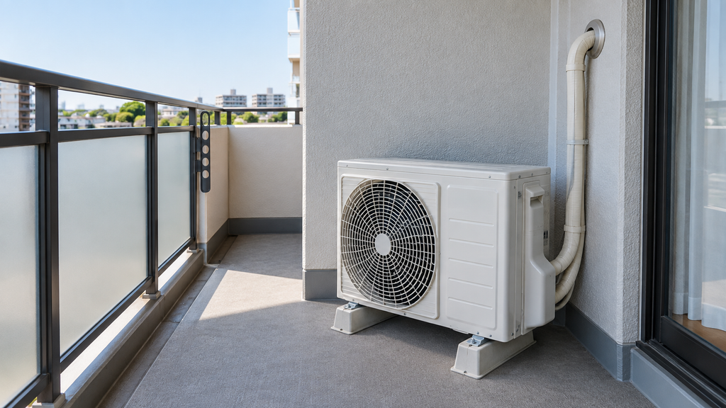 マンションのベランダ床に適切に設置されたエアコン室外機