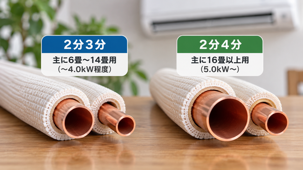 エアコンの能力（畳数）によって異なる、太さの違う2種類の銅管（冷媒配管）の断面クローズアップ。