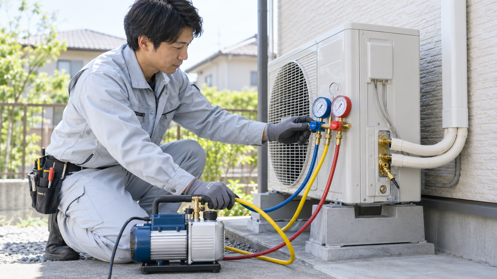 エアコンの性能を保つために不可欠な「真空引き」作業を行う日本人技術者。専用の真空ポンプとゲージマニホールドを室外機に接続し、配管内の空気と水分を除去している。