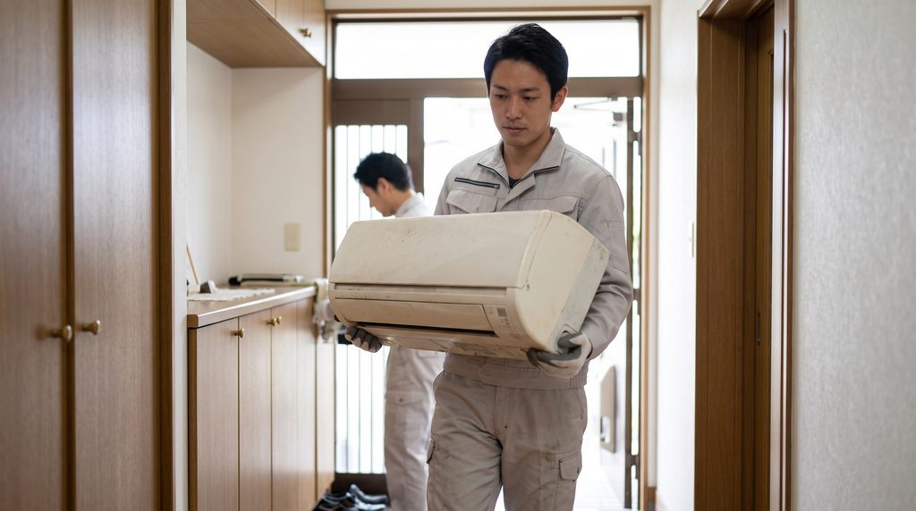 日本の住宅の玄関で、古いエアコン室内機を慎重に運び出し、撤去作業を行う制服姿の日本人作業員。使い込まれた機器の様子が取り外し工程を伝えている。
