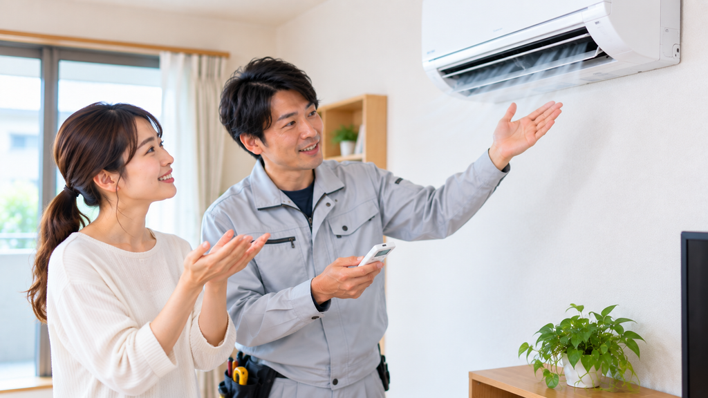エアコン取り付け工事完了後、日本人職人の説明を聞きながら試運転の風を確認する日本人施主（女性）