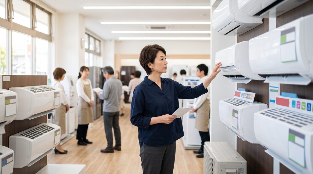 隠蔽配管による制限のため、ショールームで設置可能なエアコン機種を慎重に選ぶ様子