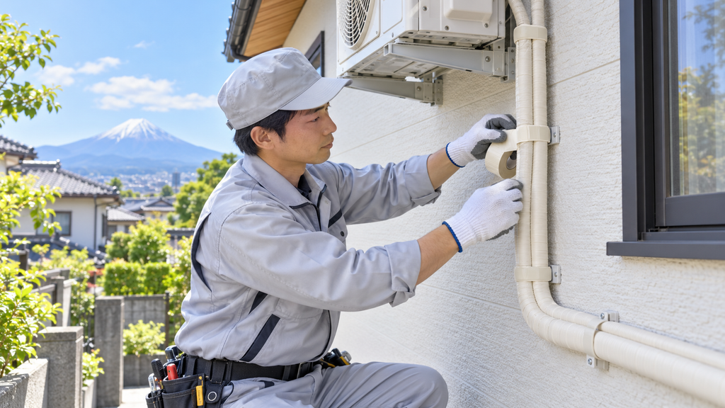 屋外でエアコンの冷媒配管とドレンホースを丁寧にテープで巻いて壁に固定する日本人技術者。工事保証（作業品質）を想起させるイメージ。