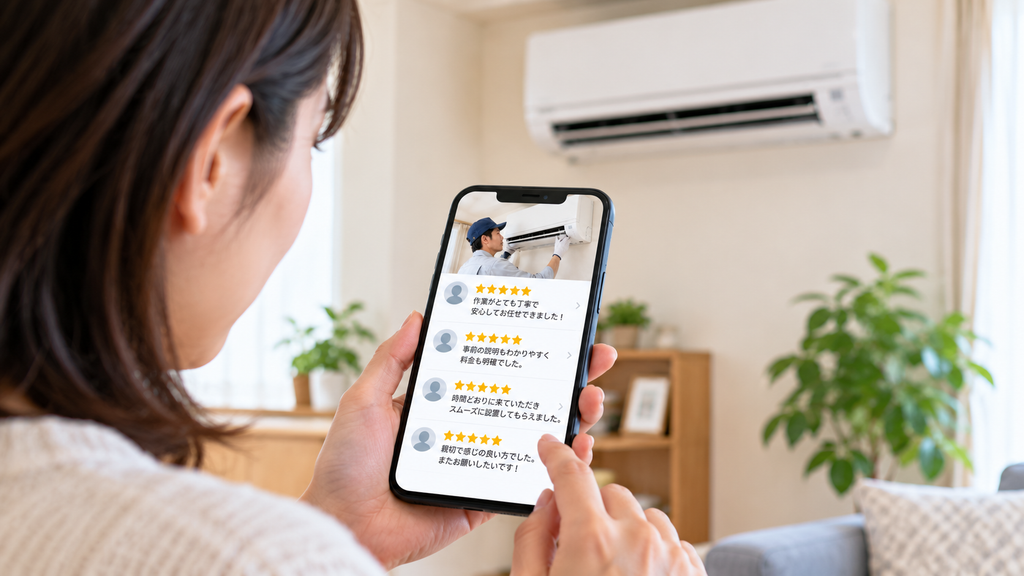 エアコンを背景に、スマートフォンで5つ星の高評価レビューを確認している手元の様子