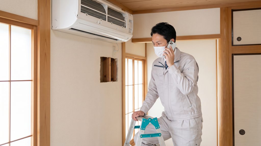 エアコン取り付け工事中、壁内部の状況（柱）を確認し、施主に連絡を取ろうと携帯電話を手に持つ日本人職人