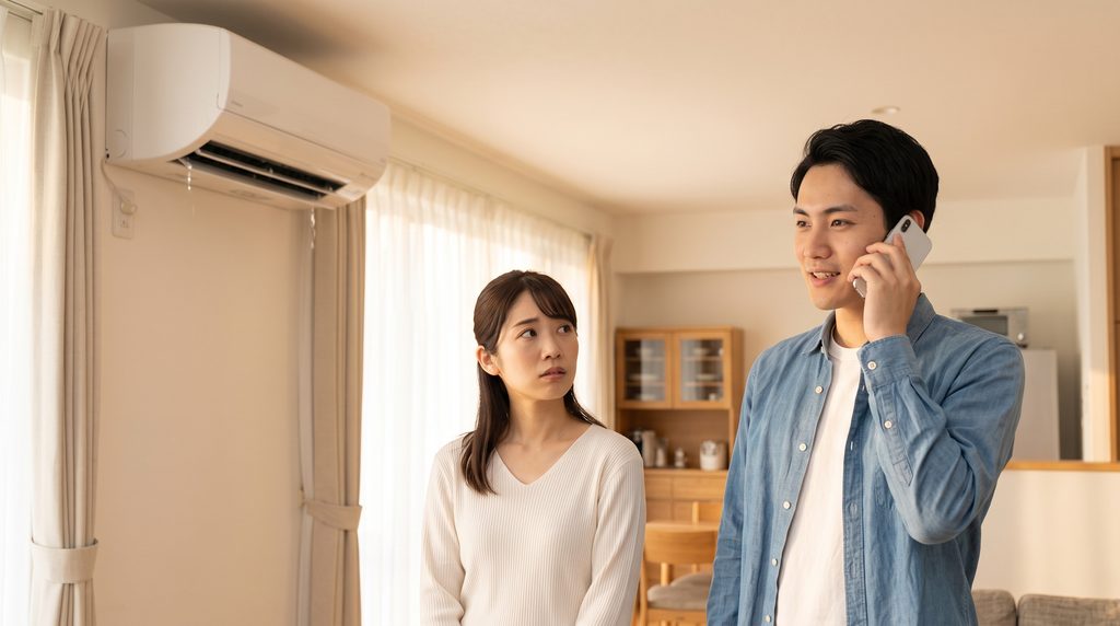 不具合のあるエアコンの前で、スマートフォンを使って施工業者に連絡する日本人男性（と心配そうに見守る妻）。トラブル時の対応を想起させるイメージ。