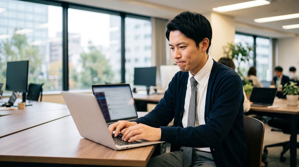 パソコンに向かい、顧客からのレビューに対して丁寧に返信を入力するサポート担当者の男性