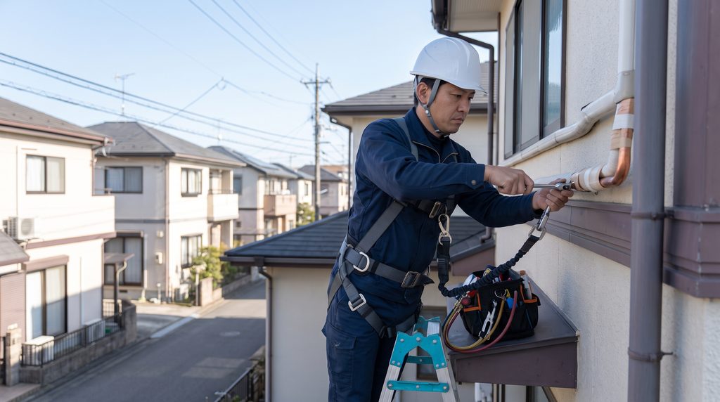 ヘルメットと安全帯を着用し、高所で安全規則を守りながらエアコンの配管作業を行うプロの日本人職人。