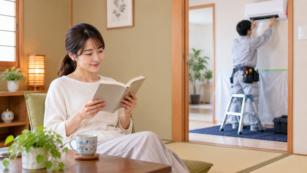 エアコン取り付け工事中、別の静かな和室でリラックスして本を読みながら待機する日本人施主（女性）