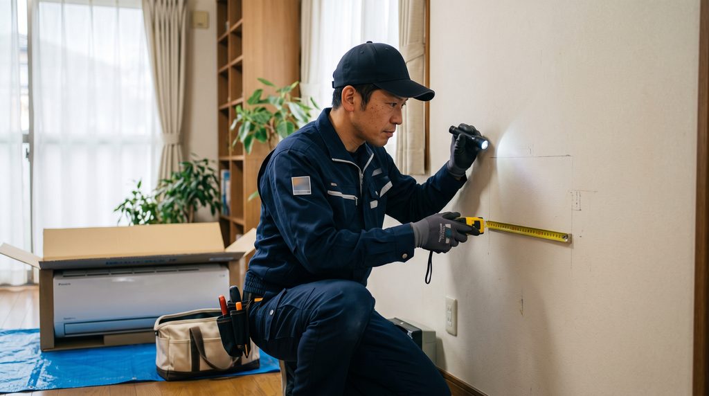 既存の隠蔽配管が再利用できるかどうか、エアコン専門業者が丁寧に壁内を調査する様子