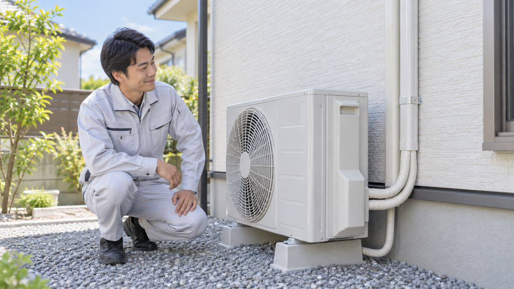 屋外で、新しく設置されたエアコン室外機と、壁にきれいに配管された様子を満足げに確認する日本人技術者。工事完了後の安心感を想起させるイメージ。