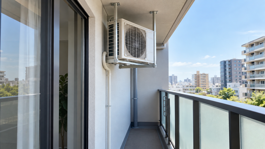 狭いベランダに天吊り金具で固定されたエアコン室外機の設置例
