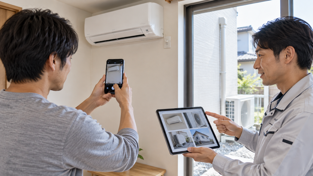 エアコンの設置予定場所をスマートフォンで撮影し、工事業者と事前に情報共有する日本の男性客。