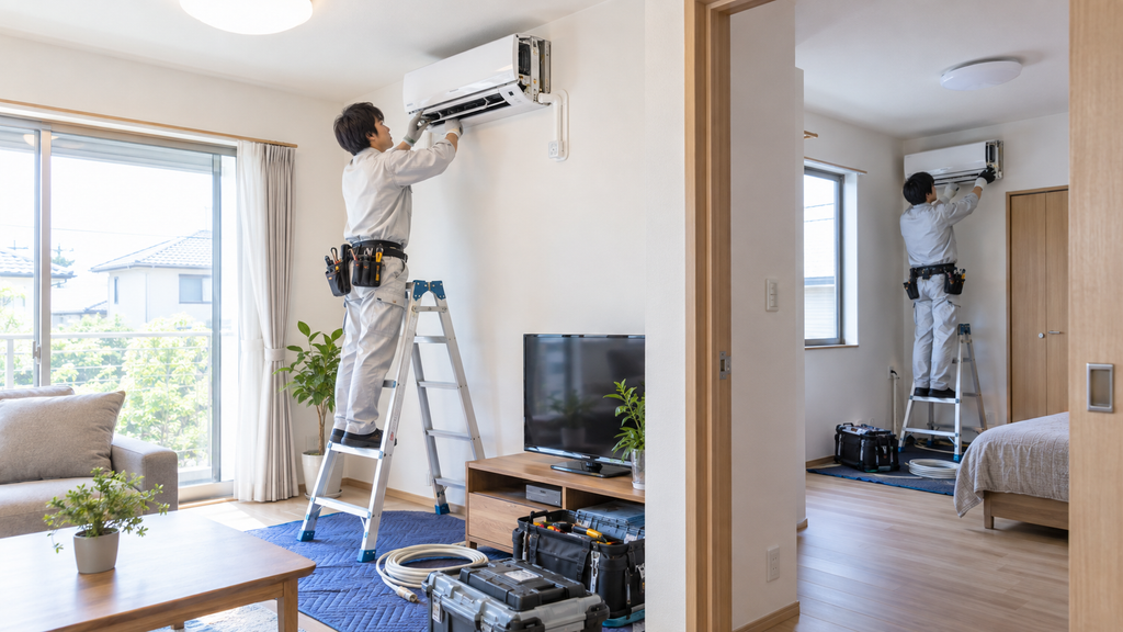 新築住宅で、2人の日本人作業員が手分けをして、リビングと隣の洋室にそれぞれエアコン室内機を同時に取り付ける、効率的な複数台設置工事の様子。