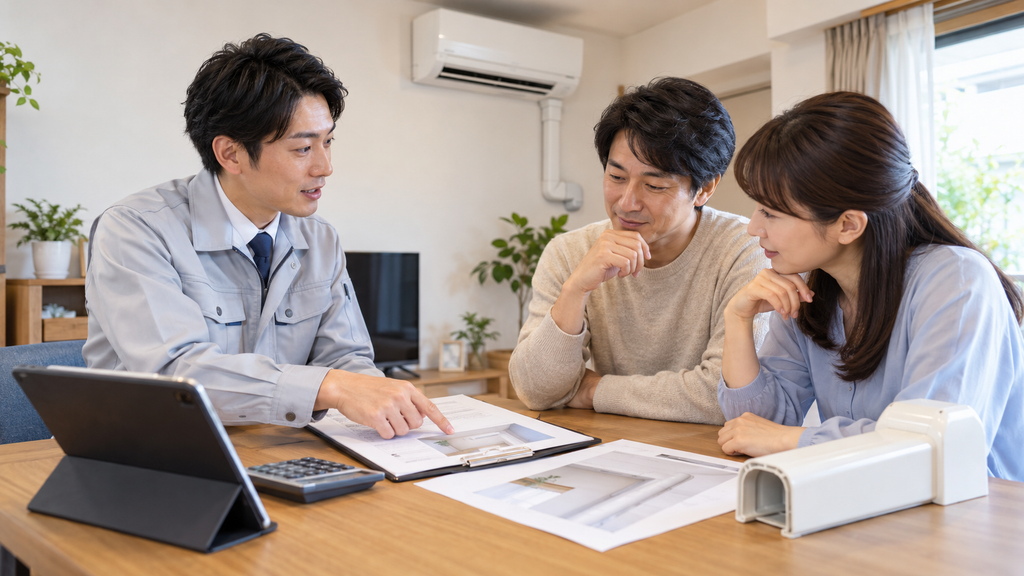 エアコン工事と化粧カバー施工の総額見積もりについて説明する専門業者と施主の打ち合わせ風景