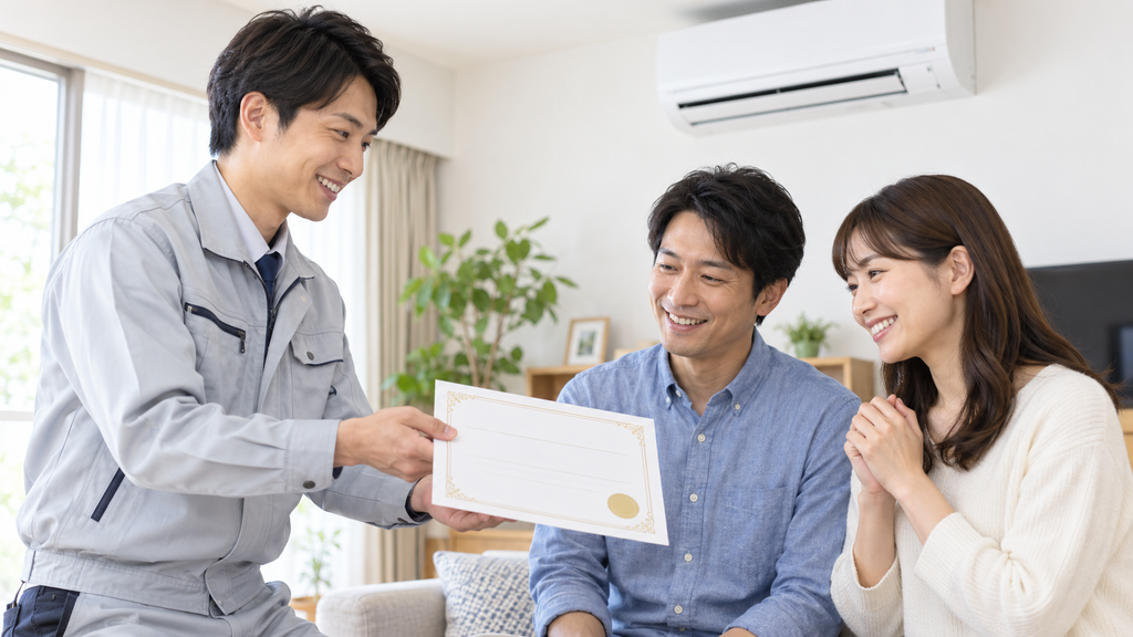 エアコン設置工事完了後、笑顔で日本人夫婦に工事保証書（書面）を提示する日本人技術者。信頼できる業者選びのイメージ。