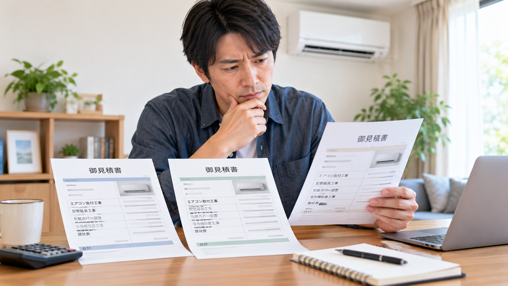 デスクに並べた複数の見積書や書類を真剣に見比べながら比較検討している男性