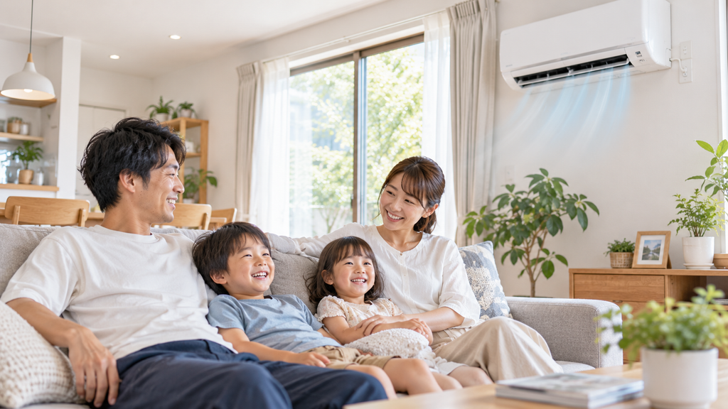 エアコンの取り付け工事が無事に完了し、涼しく快適になったリビングでくつろぐ笑顔の日本人家族。